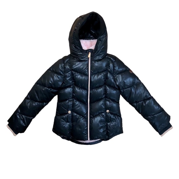 MICHAEL Michael Kors black hooded puffer jacket pink lining, girls size 10/12 - Picture 2 of 13